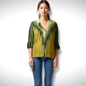 Roberto Cavalli Abstract Silk Button Up Blouse Top Size 40 IT Green Yellow Ombre
